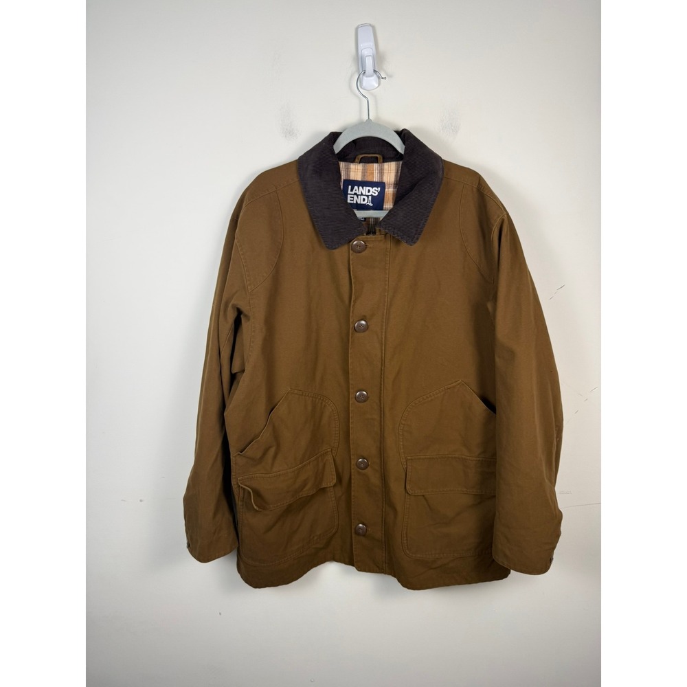 Lands End Mens Barn Jacket Brown Cotton Canvas Plaid Lined Chore Coat XXL 50-52